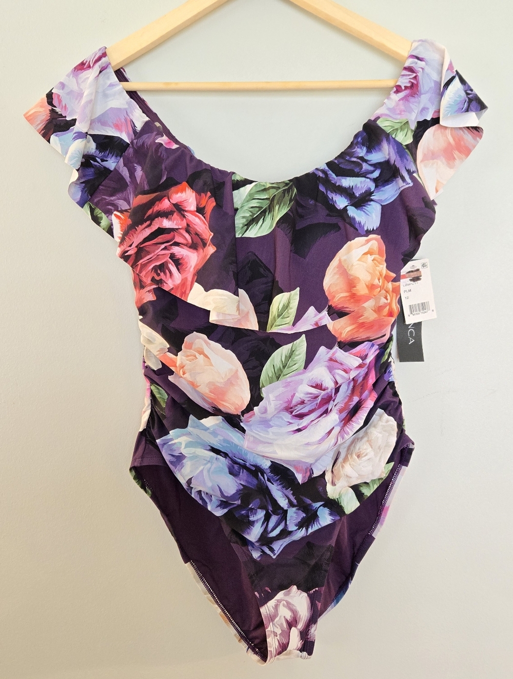 La Blanca Floral Off-Shoulder One-Piece Swimsuit - Plum - Purple